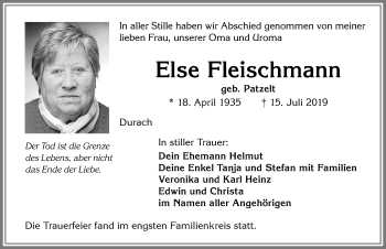 Traueranzeige von Else Fleischmann von Allgäuer Zeitung,Kempten