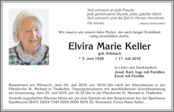 Traueranzeige von Elvira Marie Keller von Allgäuer Zeitung, Marktoberdorf