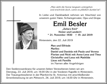 Traueranzeige von Emil Besler von Allgäuer Anzeigeblatt