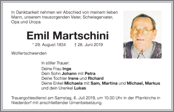 Traueranzeige von Emil Martschini von Memminger Zeitung