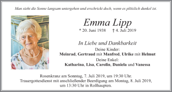 Traueranzeige von Emma Lipp von Allgäuer Zeitung, Füssen