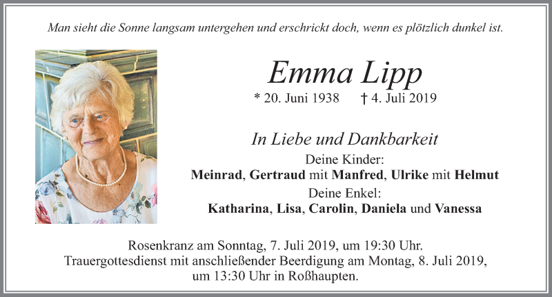  Traueranzeige für Emma Lipp vom 06.07.2019 aus Allgäuer Zeitung, Füssen