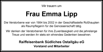 Traueranzeige von Emma Lipp von Allgäuer Zeitung, Füssen