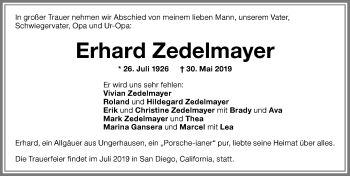 Traueranzeige von Erhard Zedelmayer von Memminger Zeitung