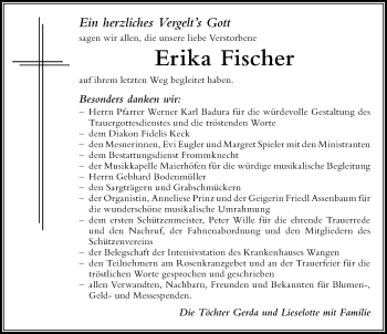 Traueranzeige von Erika Fischer von Der Westallgäuer