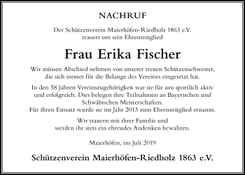 Traueranzeige von Erika Fischer von Der Westallgäuer