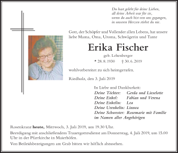 Traueranzeige von Erika Fischer von Der Westallgäuer