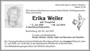 Traueranzeige von Erika Weiler von Allgäuer Zeitung,Kempten