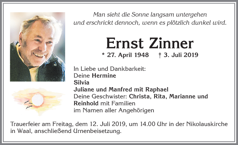  Traueranzeige für Ernst Zinner vom 09.07.2019 aus Allgäuer Zeitung, Kaufbeuren/Buchloe