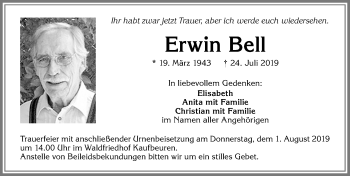 Traueranzeige von Erwin Bell von Allgäuer Zeitung, Kaufbeuren/Buchloe