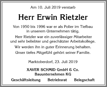 Traueranzeige von Erwin Rietzler von Allgäuer Zeitung, Marktoberdorf