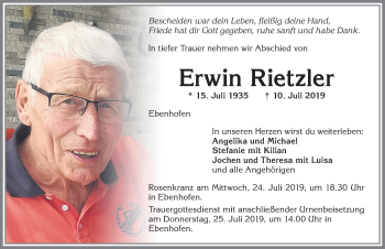 Traueranzeige von Erwin Rietzler von Allgäuer Zeitung, Marktoberdorf