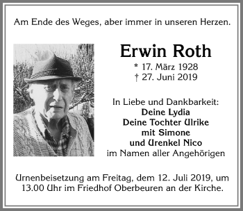 Traueranzeige von Erwin Roth von Allgäuer Zeitung, Kaufbeuren/Buchloe