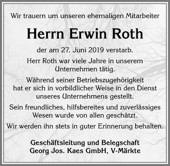 Traueranzeige von Erwin Roth von Allgäuer Zeitung, Kaufbeuren/Buchloe