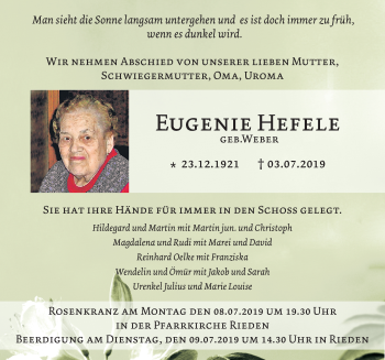 Traueranzeige von Eugenie Hefele von Allgäuer Zeitung, Kaufbeuren/Buchloe