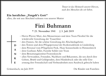 Traueranzeige von Fini Buhmann von Der Westallgäuer