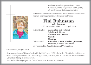 Traueranzeige von Fini Buhmann von Der Westallgäuer