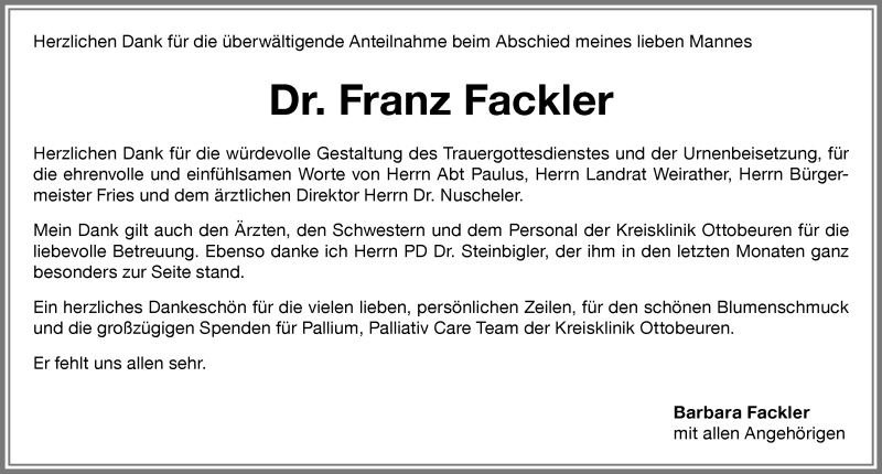 Traueranzeige für Franz Fackler vom 06.07.2019 aus Allgäuer Zeitung