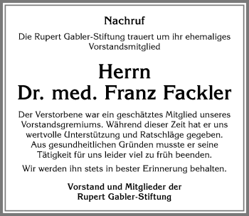 Traueranzeige von Franz Fackler von Allgäuer Zeitung, Gesamtausgabe