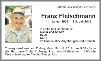 Traueranzeige von Franz Fleischmann von Allgäuer Zeitung, Kaufbeuren/Buchloe