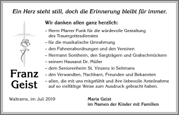 Traueranzeige von Franz Geist von Allgäuer Zeitung,Kempten