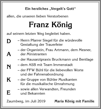 Traueranzeige von Franz König von Allgäuer Anzeigeblatt