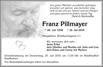 Traueranzeige von Franz Pillmayer von Allgäuer Zeitung, Kaufbeuren/Buchloe