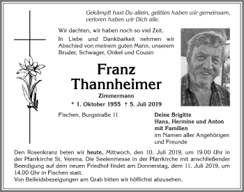 Traueranzeige von Franz Thannheimer von Allgäuer Anzeigeblatt