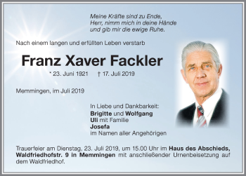 Traueranzeige von Franz Xaver Fackler von Memminger Zeitung