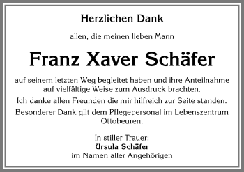 Traueranzeige von Franz Xaver Schäfer von Memminger Zeitung