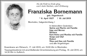 Traueranzeige von Franziska Bornemann von Allgäuer Zeitung, Kaufbeuren/Buchloe