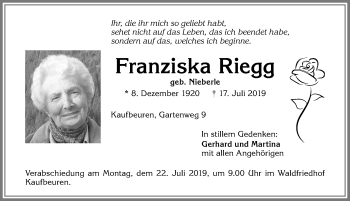 Traueranzeige von Franziska Riegg von Allgäuer Zeitung, Kaufbeuren/Buchloe