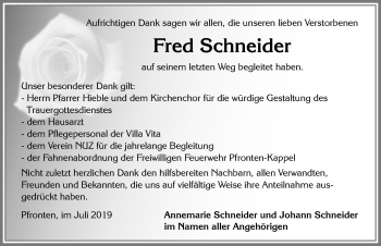 Traueranzeige von Fred Schneider von Allgäuer Zeitung, Füssen