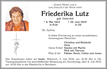 Traueranzeige von Friederika Lutz von Allgäuer Zeitung, Marktoberdorf