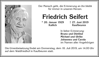 Traueranzeige von Friedrich Seifert von Allgäuer Zeitung, Kaufbeuren/Buchloe