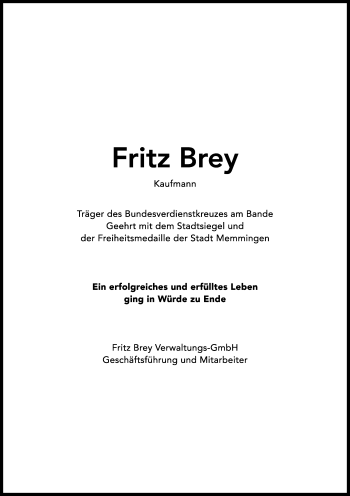 Traueranzeige von Fritz Brey von Memminger Zeitung