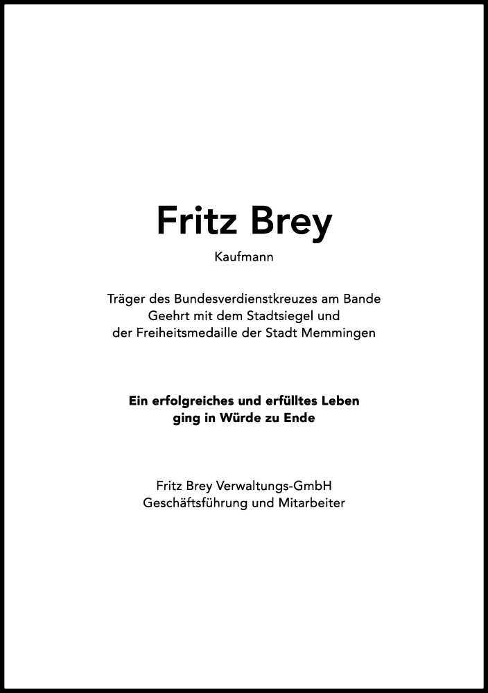  Traueranzeige für Fritz Brey vom 19.07.2019 aus Memminger Zeitung