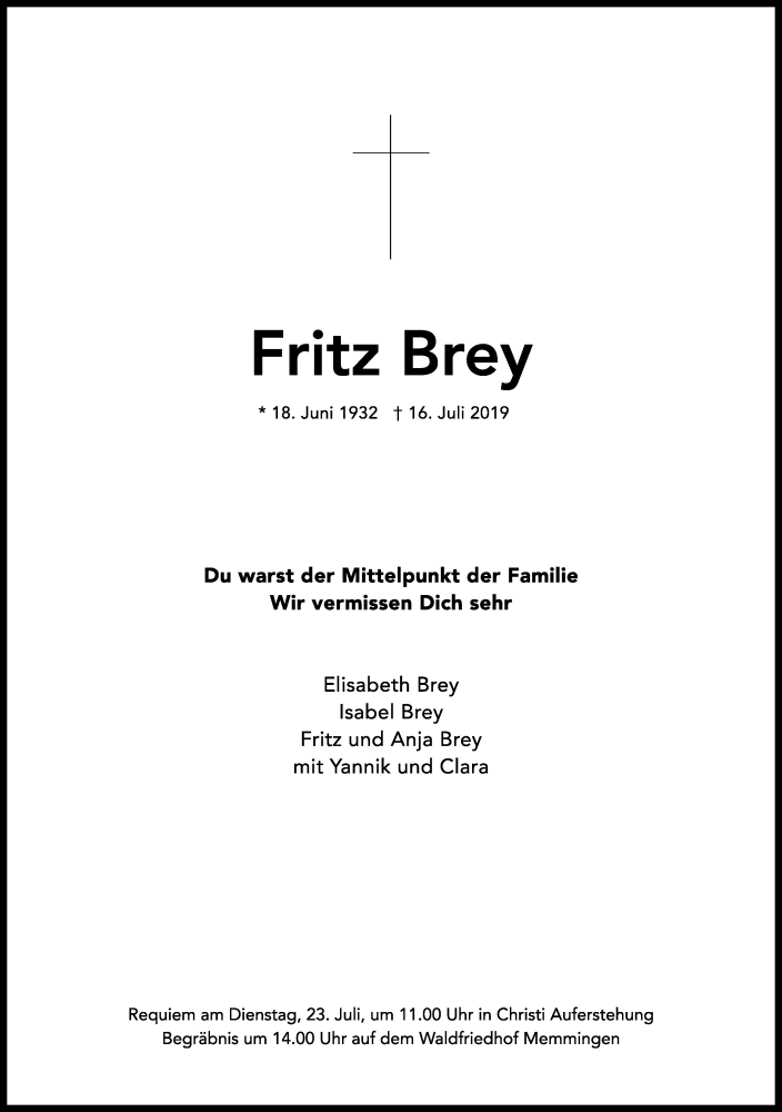  Traueranzeige für Fritz Brey vom 19.07.2019 aus Memminger Zeitung
