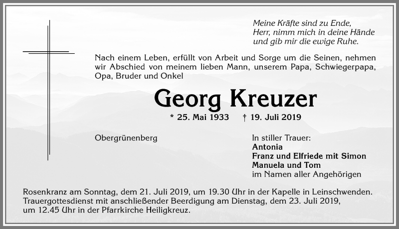  Traueranzeige für Georg Kreuzer vom 20.07.2019 aus Allgäuer Zeitung,Kempten