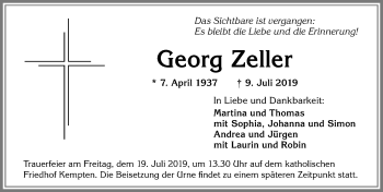 Traueranzeige von Georg Zeller von Allgäuer Zeitung,Kempten
