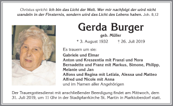 Traueranzeige von Gerda Burger von Allgäuer Zeitung, Marktoberdorf