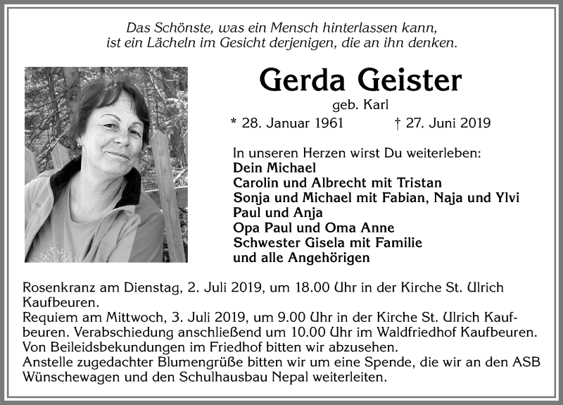  Traueranzeige für Gerda Geister vom 01.07.2019 aus Allgäuer Zeitung, Kaufbeuren/Buchloe