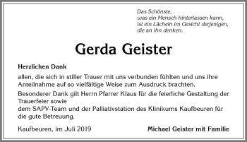 Traueranzeige von Gerda Geister von Allgäuer Zeitung, Kaufbeuren/Buchloe