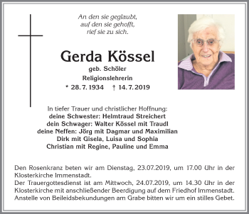 Traueranzeige von Gerda Kössel von Allgäuer Zeitung