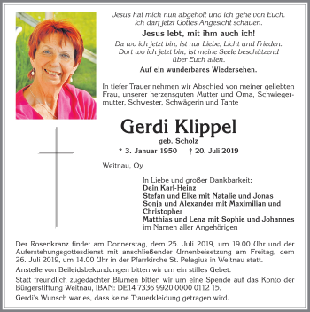 Traueranzeige von Gerdi Klippel von Allgäuer Zeitung,Kempten
