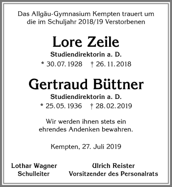 Traueranzeige von Gertraud Büttner von Allgäuer Zeitung,Kempten