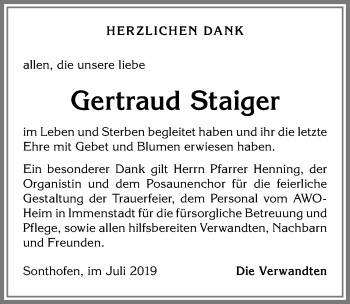 Traueranzeige von Gertraud Staiger von Allgäuer Anzeigeblatt