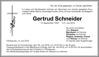 Traueranzeige von Gertrud Schneider von Memminger Zeitung