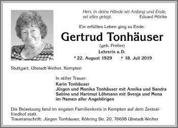 Traueranzeige von Gertrud Tonhäuser von Memminger Zeitung