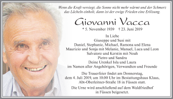 Traueranzeige von Giovanni Vacca von Allgäuer Zeitung, Füssen